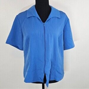 Vintage Kathy Che Short Sleeve Zip Up Blue Collared Notched Top Shirt